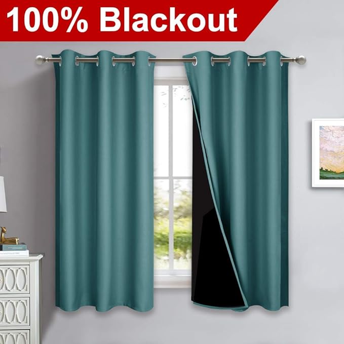 NICETOWN 100% Blackout Curtains 45 inches Long, Sea Teal, 1 Pair, 42 inches Width Each Panel, 2 Thick Layers Completely Blackout Window Treatment Thermal Insulated Lined Drapes for Small Window - Image 2