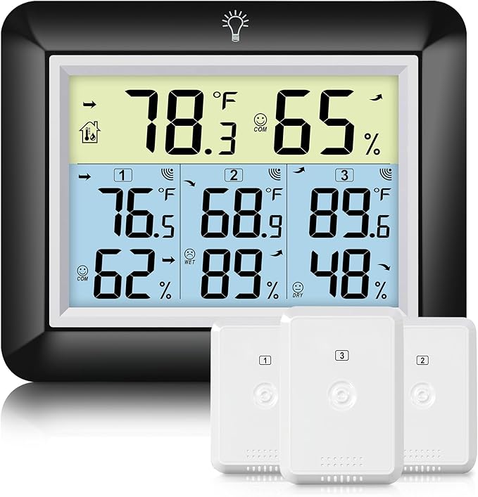 Urageuxy Indoor Outdoor Thermometer Wireless with 3 Sensors, 328ft Range Digital Hygrometer Temperature Humidity Monitor for Home, Greenhouse, Kitchen, Bedroom, Backlight, Black by Urageuxy