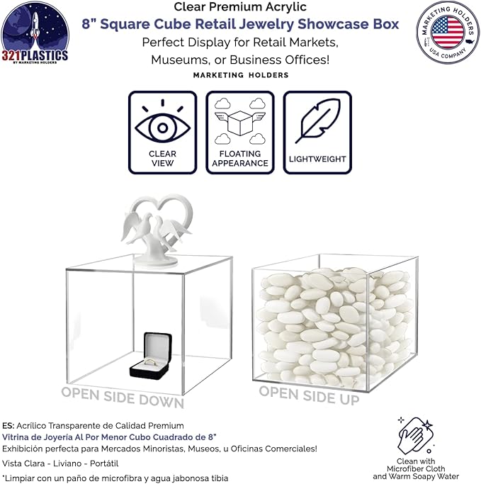 8" Acrylic Display Riser Box with One Open Side No Lid Versatile Clear Square Lucite Retail Merchandise Storage Bin or Product Platform No Assembly by Marketing Holders - Image 3