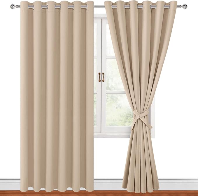 Hiasan Grommet Blackout Curtains for Bedroom, 70 x 84 Inches - Thermal Insulated & Light Blocking Window Drapes for Living Room/Dorm Room, Set of 2 Panels Sewn with Tiebacks, Beige by Hiasan