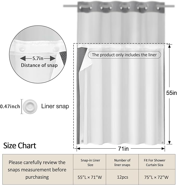 Snap-in Fabric Replacement Liner 71" W x 55" L, for 72" W x 75" L No Hook Shower Curtain - Image 2