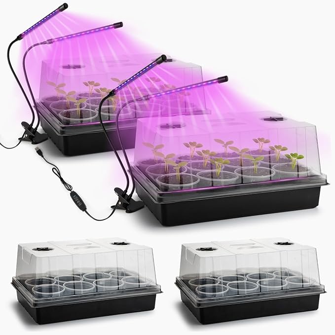 50p 3.5" Clear Nursery Pots with 4p Trays and 2p Adjustable LED Grow Lights – Transparent Plant Pots with Drainage Holes, Complete Seed Starter Kit with 5" Tall Humidity Dome for Plant Propagation by RooTrimmer