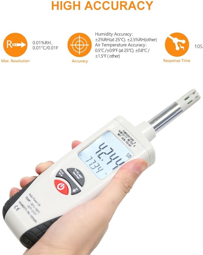 Hygro-Thermometer Psychrometer, Handheld Digital Humidity Temperature Meter with Dew Point and Wet Bulb Temperature, Dual Display Temperature & Humidity, Hti-Xintai - Image 2