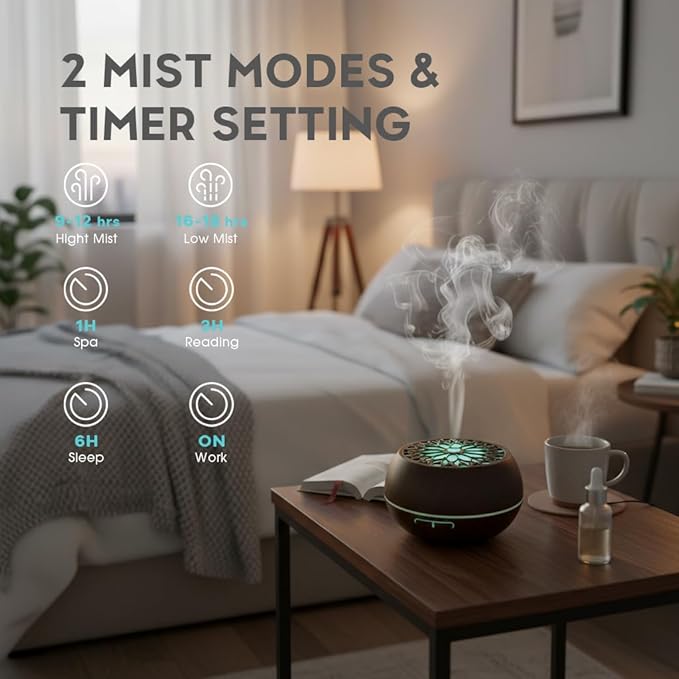550ml Large Capacity Essential Oil Diffuser with 6 Aromatherapy Oils Set,Ultrasonic Air Humidifier with Timer and 7 Color LED Night Light Waterless Auto-Off Dark Wood Grain - Image 4