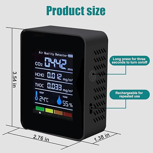 5 in 1 Indoor Air Quality Monitor, Portable Smartair Quality Tester for CO2 | TVOC | HCHO | Temp | Hum, Air Quality Test for Home, Office, School, Hotel, Car (Black) - Image 6