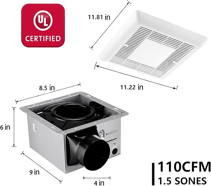 Tech Drive Bathroom Exhaust Fan with Light-110 CFM, 1000lm Dimmable 5CCT LED Light and Night Light Selectable,4-Inch Duct Super Quiet Energy Star Ventilation Fan,Easy to Install Ceiling Mounted - Image 5