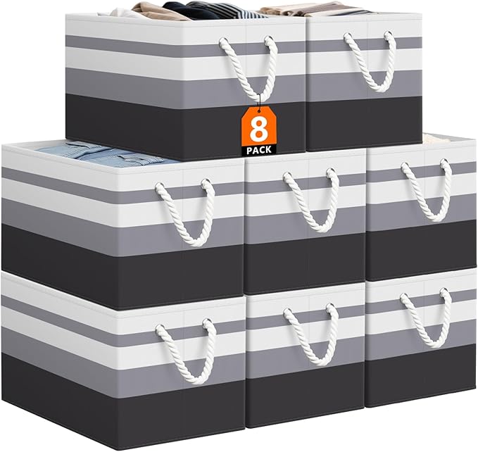Storage Bin,Collapsible Storage Basket For Organizing,Large Storage Boxes With Rope Handles,Storage Containers,Gradient Grey,8 Pack by StorageTastic