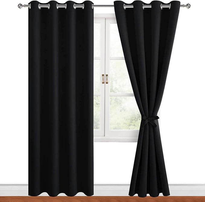 Hiasan Blackout Curtains for Bedroom, 52 x 84 Inches Long - Thermal Insulated & Noise reducing Window Curtains for Living Room, 2 Drape Panels Sewn with Tiebacks, Black by Hiasan