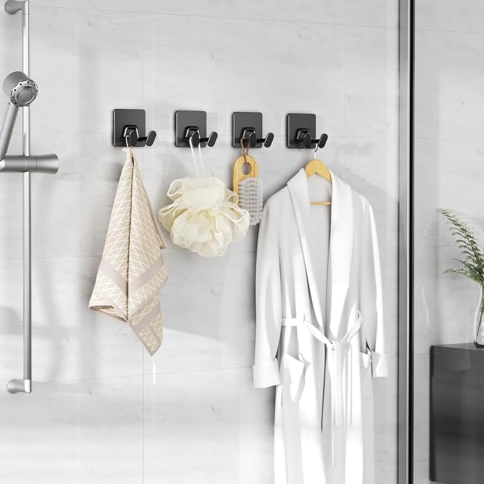 Adhesive Shower Hooks for Inside - Extra Sticky Stainless, Razor Holder Shower Accessories, Wall Mounted Self-Adhesive Double Hooks for Razor, Loofah, Towel, Shaver, Coat, Key, Matt Black, 6 Pack - Image 6