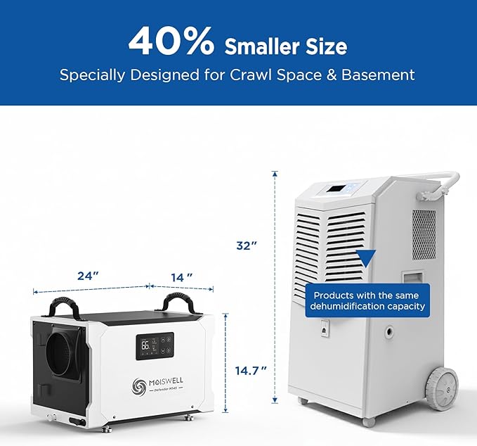 155 Pint Commercial Dehumidifier with Drain Hose for Crawl Spaces, Basements, Industry Water Damage Unit, Large Capacity, Compact, Portable, Auto Defrost, Memory Starting - Image 4