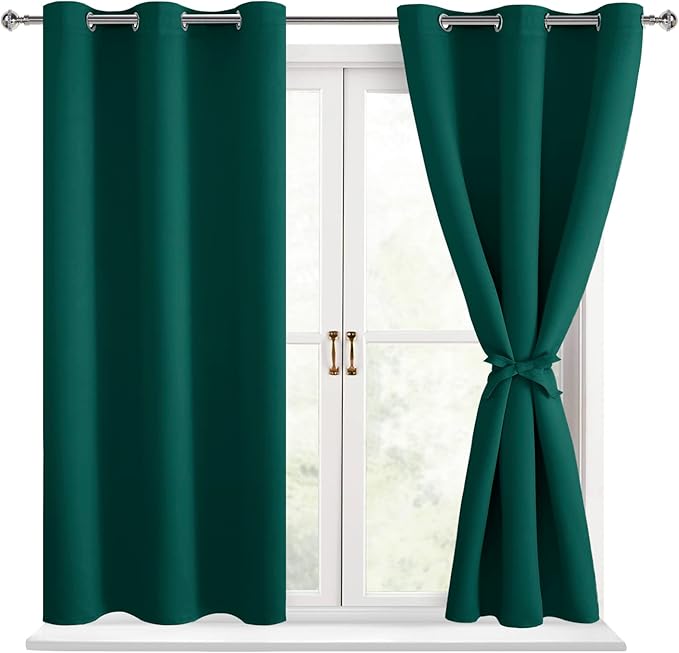 Hiasan Short Blackout Curtains for Bedroom - Thermal Insulated & Energy Saving Window Curtains for Living Room, 2 Drape Panels Sewn with Tiebacks, Hunter Green, 38 x 45 Inch by Hiasan