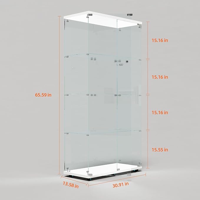 Yoluckea 4-Tier Glass Display Cabinet with Bluetooth LED Light Strip, 2-Door Floor Standing Curio Cabinet with Universal Wheel for Home Office Display, White Glass Bookshelf for Collections, Wood Top - Image 2