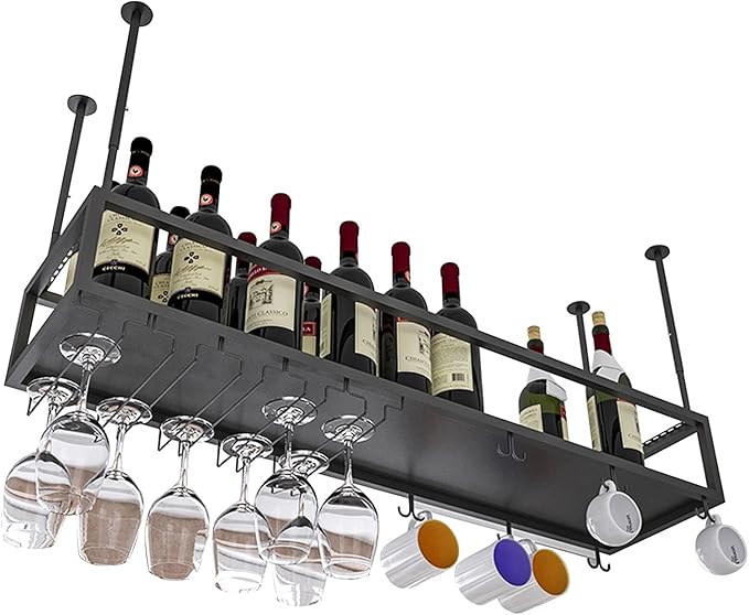 Hanging Black Wine Glass Holder Metal Wine Bottle Rack for Kitchen Bar Upside Down Stemware nizer Under Cabinet 60 x 25 x 21 cm - Stylish Ceiling Storage Solution - Image 2