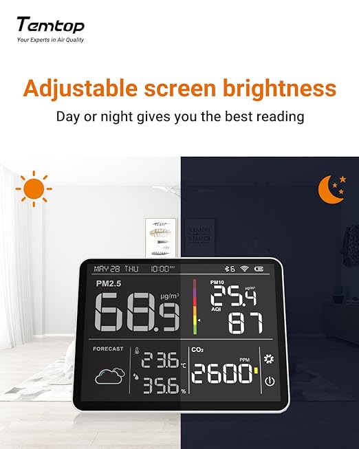Temtop Air Quality Monitor Indoor PM2.5 CO2 Detector, 8-in-1 Smart Air Quality Weather Station with PM2.5 PM10 CO2 Temperature Humidity Sensor Weather Forecast for Home - Image 3