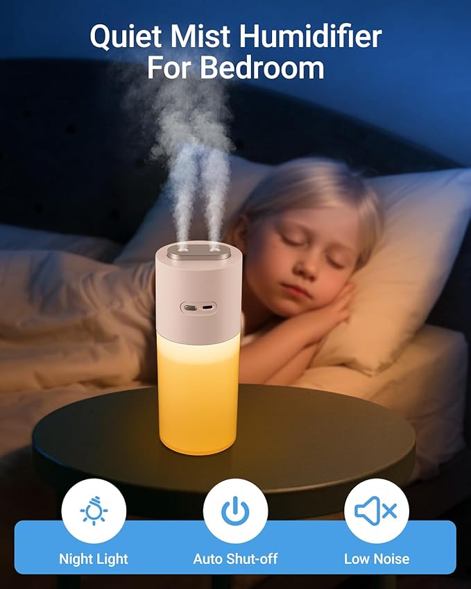 Dual-spray 400ml Mini Humidifier for Desk - Portable Rechargeable Personal Desktop Humidifiers for Office Car Travel Plants Bedroom Baby, Auto Shut-Off, 2 Mist Modes, Super Quiet, White - Image 5