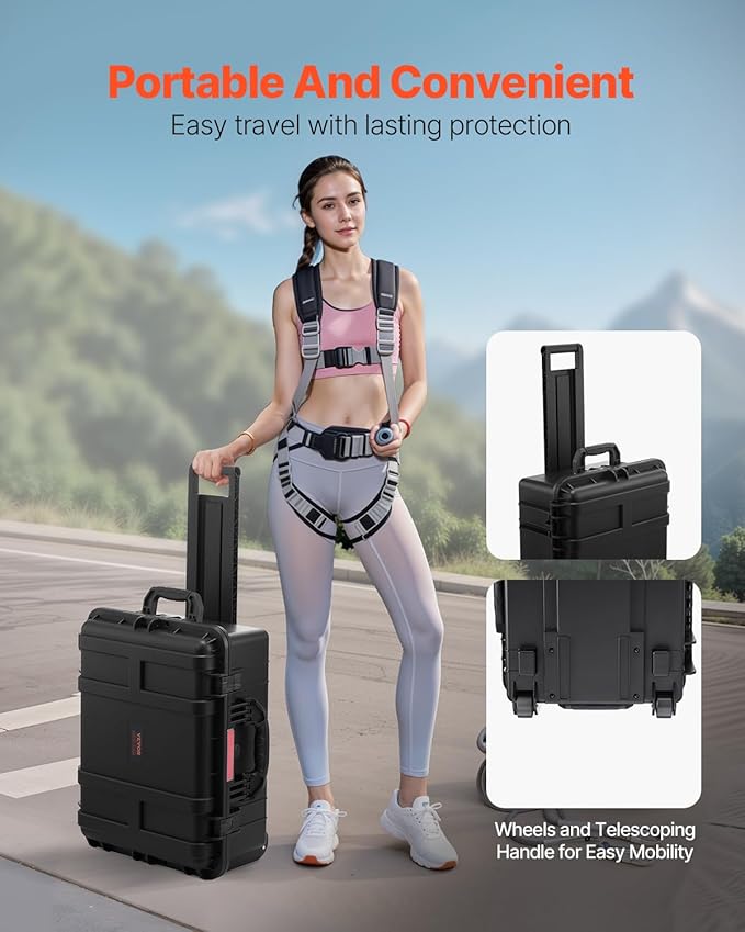 VEVOR Weatherproof Hard Case, Heavy Duty Protective Dry Box with Pre-Cut Foam, Wheels & Retractable Pull Handles for Travel, Hunt, Military, Tactical, IP67 Waterproof Case for Cameras(57x45x28) - Image 6