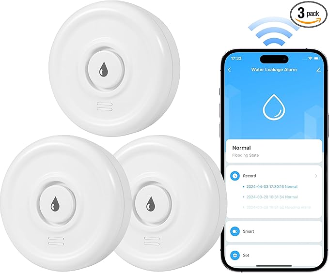 WiFi Water Leak Sensor, 100 dB Water Alarm Leak Detector, for Home, Basement, Bathroom, Kitchen(3 Pack) by DouevoTotalHomeSecurity