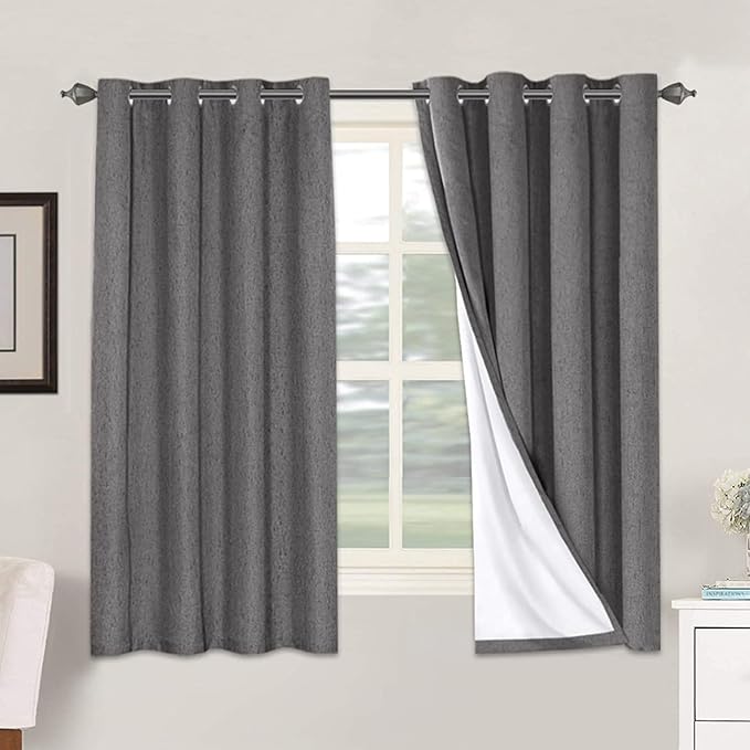 H.VERSAILTEX Linen Blackout Curtains 63 Inches Long 100% Absolutely Blackout Thermal Insulated Textured Linen Look Curtain Draperies Anti-Rust Grommet, Energy Saving with White Liner, 2 Panels, Grey by HVERSAILTEX
