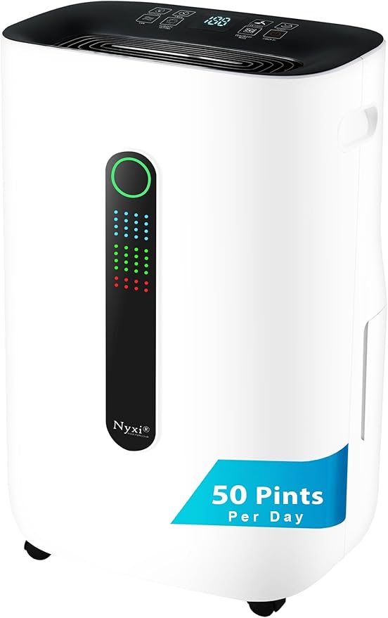 Nyxi 4,500 Sqft / 50 Pints Compressor Dehumidifier, Smart Digital Humidity Control, XL Water Tank 1.7 Gallon, Drain Hose Option, 24-Hour Timer, Removes Moisture for Home, Laundry, Office by Nyxi