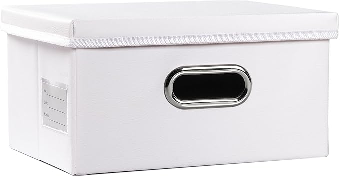 PRANDOM Collapsible Storage Box with Lid [1-Pack] Leather Fabric Foldable Storage Bin Organizer Container Basket Cube with Cover for Home Bedroom Closet Office Nursery White (13.6x9.6x6.9) by Prandom