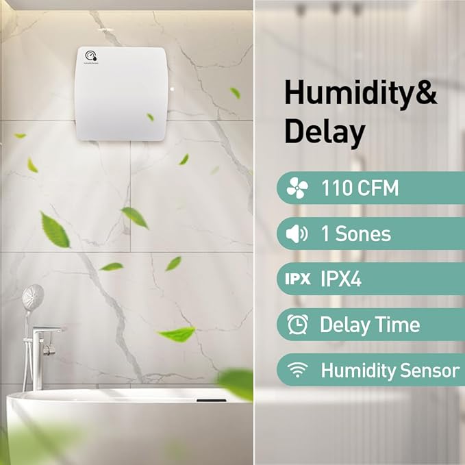 5.9 Inch Bathroom Exhaust Fan with Humidity Sensor and Timer 110 CFM Powerful Ceiling or Wall Mount Vent Fan for Bathroom Basement Loft Garage - Image 3