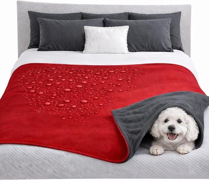 Premium Deluxe * 100% Waterproof Blanket Guarantees to Keep Your Bed Dry! Crinkle-Free Ultra-Soft Fleece Furniture Protector for People Kids Pets. EZ Wash/Dry Red/Grey Reversible 60x40 by TOP+Waterproof+Blanket
