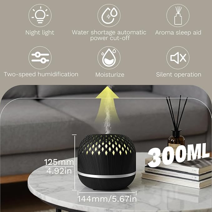 Essential Oil Diffuser 300ml for Home Bedroom, Aromatherapy Oil Diffuser with 3H 6H Timer, 7 Color Light, USB Type-C, Hollow Design, Auto Shut-Off(Dark Woodgrain, Openwork) - Image 2