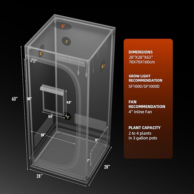 Spider Farmer 2.3x2.3 Grow Tent 2025 New, 28"x28"x63", with Hook for Controller and Power Strip, View Window, 1680D Thicken Mylar Canvas for Indoor Hydroponic Growing for SF1000, SE1500, G1500 - Image 8