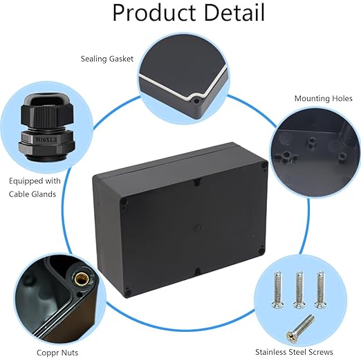 Junction Box IP65 Waterproof ABS Plastic Electrical Project Case Power Junction Boxes, Project Box with 4 PCS M16 Cable Glands 9.06x5.90x3.43 inch (230 x 150 x87 mm) - Image 5