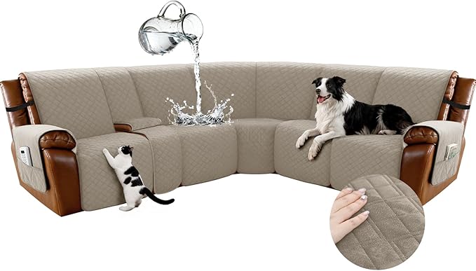 Arfntevss Waterproof Recliner Sectional Couch Covers for Reclining L Shape Sofa Cover Non Slip Washable L Shaped Slipcover Sets for Dog Furniture Protector (5 Seat with 1 Console Cover, Light Khaki) by Arfntevss
