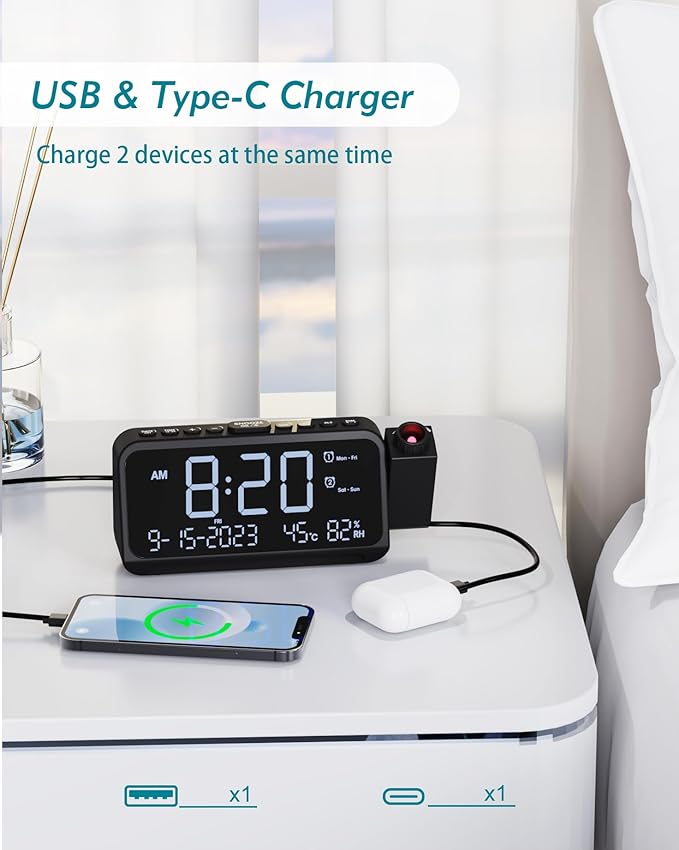 Roxicosly Projection Alarm Clock for Bedroom Ceiling, 118 dB Super Loud for Heavy Sleepers, Dual Alarm with Weekday/Weekend, Adjustable Volume, 6.7" Large Digital Dimmable Display, Easy to Read - Image 7