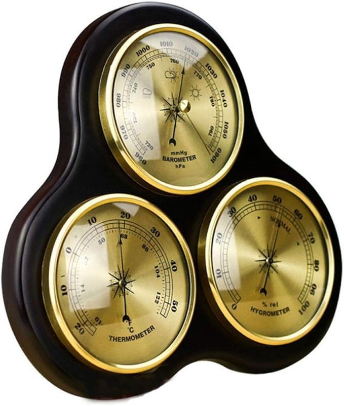 3-Piece Triangular Hygrometer Pressure Gauge Thermometer Barometer with Wooden Frame Base Decorative Wooden Weather Station Instrument to Monitor Atmospheric Pressure - Image 3
