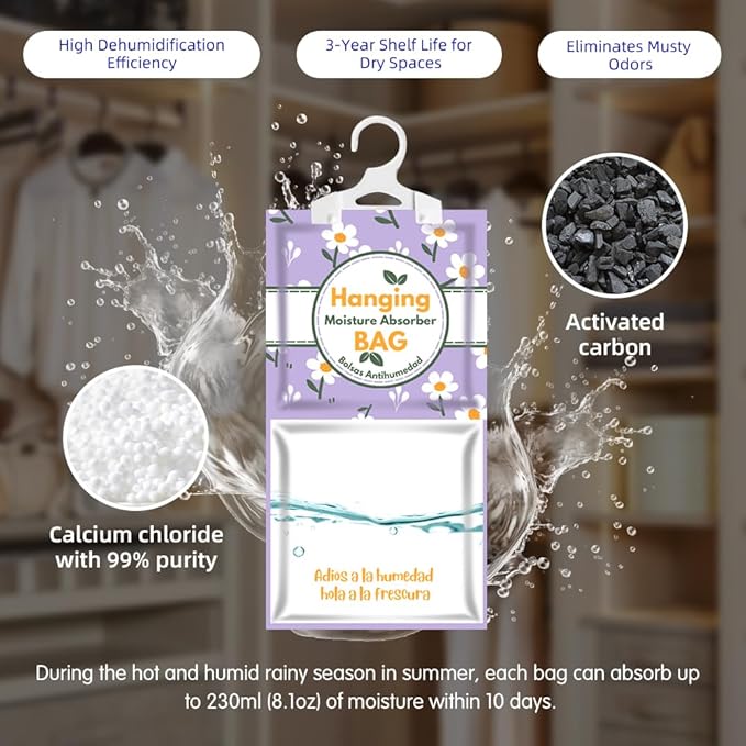Hanging High-Purity Moisture Absorber, 20 pack with Activated Carbon, eliminates musty odors during humid summers, ideal for drawers and wardrobes,15% greater moisture absorption. (162 oz) - Image 4