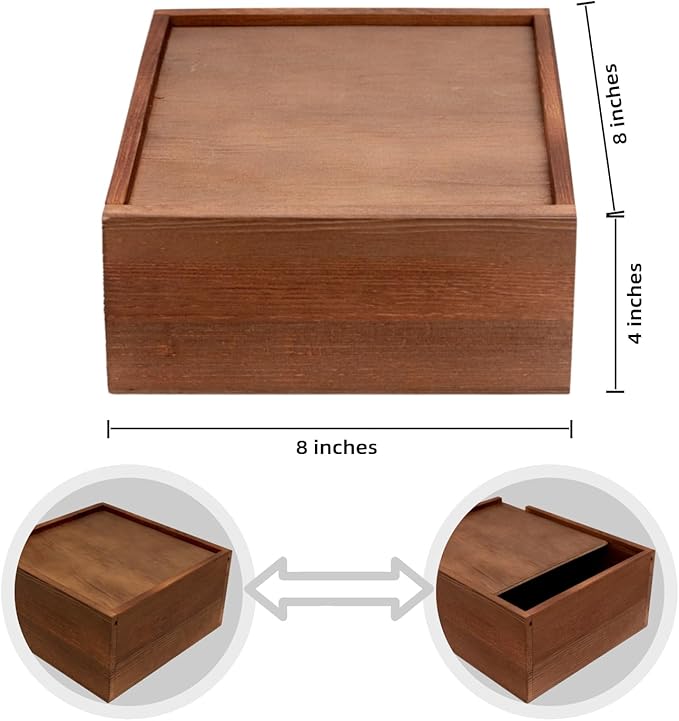 Large Wooden Box - 8x8x4 Inch Solid Wood Slide-Top Storage Box, Wooden Keepsake Chest with Lid, Decorative Wood Box for Jewelry Organizer, Photo Memory Storage, Vintage Home Decor - Image 2