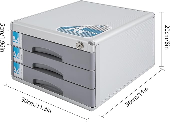 3 Tier Desktop Drawer Organizer, 3 Drawers Aluminum Alloy File Organizer, Drawers Built in Letter Tray and Slot Document Storage Box with Key for Offices School - Image 3