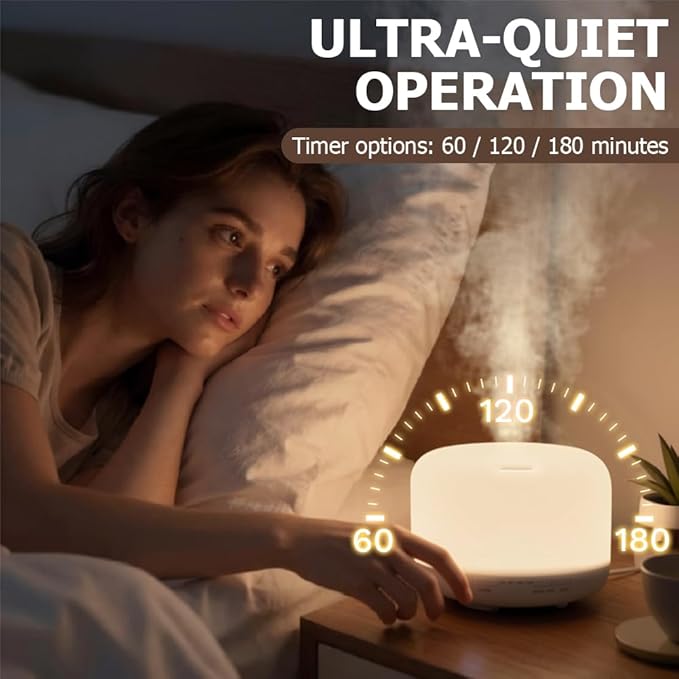 500ml Premium Essential Oil Diffuser,Quiet 4-in-1 Ultrasonic Aromatherapy Humidifier,7 Color LED Lights,with Adjustable Automatic Timer Off Function and Spray Mode. (White Woodgrain,Mini Model) - Image 7