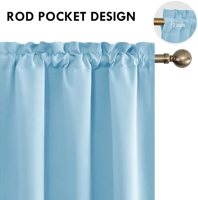 DWCN Blackout Curtains Thermal Insulated Energy Saving Bedroom and Kitchen Curtains Window Treatments, W 38 x L 45 Inch, Set of 2 Light Blue Rod Pocket Drapes - Image 4
