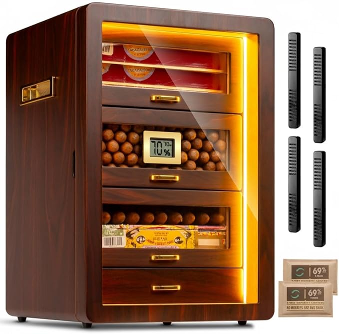 Desktop Cigar Humidor Cabinet Triple-Sided Light with Digital Hygrometer, Humidifier and Humidity Packs. 4 Ceder Wood Drawers, Cigar Humidor Box can Hold 200 Cigars. Present for Men by Marvero
