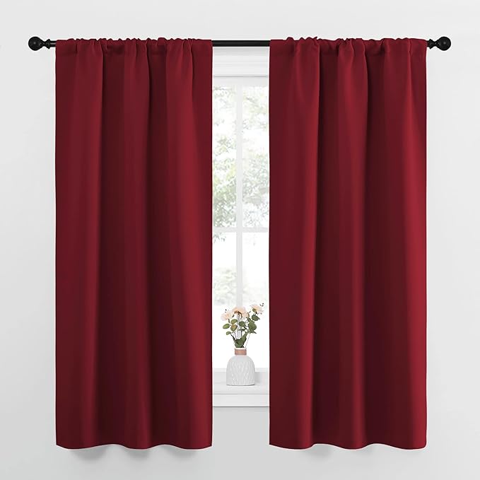 NICETOWN Christmas Burgundy Curtains Blackout Drape Panels - Lights Block Out Window Treatment Short Curtain Sets for Loft and Basement Decoration (Set of 2, 34 by 63-Inch) by NICETOWN
