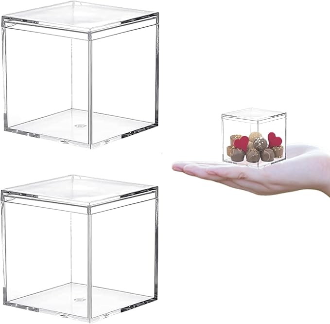 Acrylic Box 2Packs Clear Boxes with Lids Acrylic Display Square Cubes Lucite Boxes for Birthday Valentine's Day Party Favor Candy Pill and Tiny Jewelry Storage Boxes by LOVPLAY