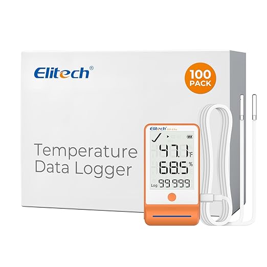Elitech 100Pack GSP-6 Bluetooth Data Logger Temperature Humidity for Refrigerator with Shadow Data 100000 Points Export PDF/CSV Report, Pharmacy Vaccine DDL Certificate, MAX MIN with Dual Probe by Elitech