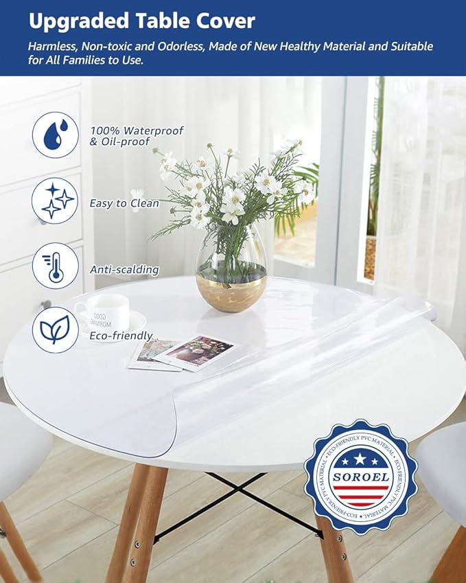 60 Inch Round Clear Plastic Table Cover Protector PVC Tablecloths Sheet Wood Furniture Topper Cover for Coffee Dining Room Table Kitchen Countertop Office Desk Blotter Pad Waterproof Wipeable - Image 2