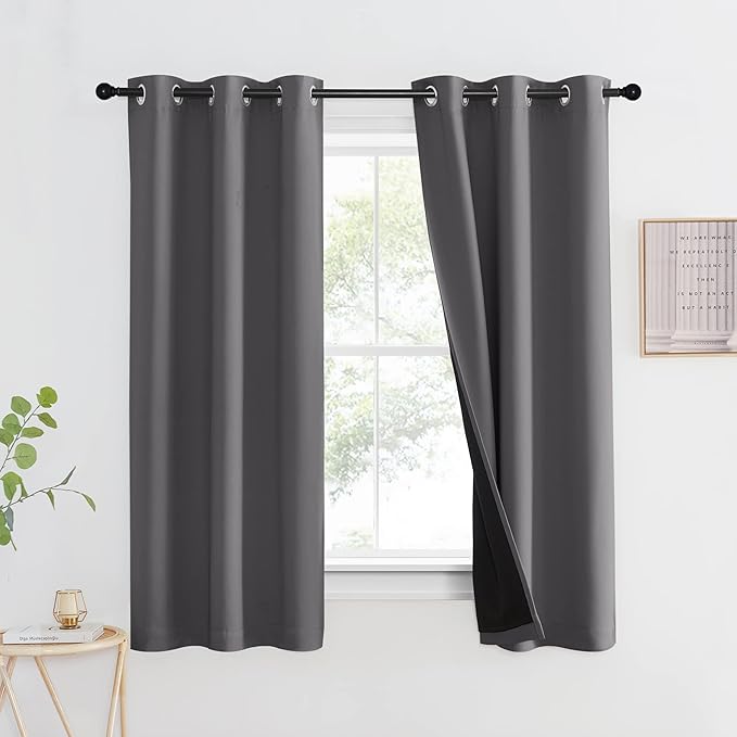 NICETOWN 100% Blackout Curtain with Black Liner, Thermal Insulated Full Blackout 2-Layer Lined Drape, Energy Efficiency Window Drapery for Bedroom (Grey, 1 Panel, 42-inch W by 63-inch L) by NICETOWN