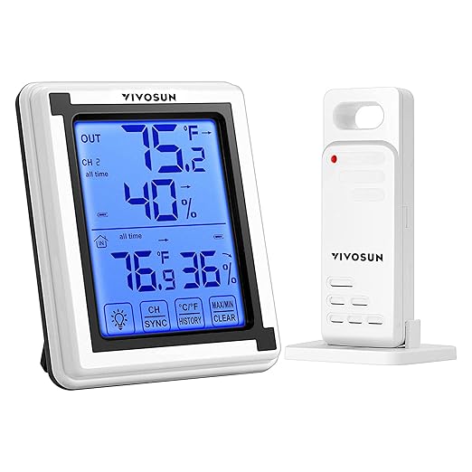 VIVOSUN Indoor Outdoor Thermometer Wireless Digital Hygrometer Temperature and Humidity Monitor with Touchscreen LCD Backlight, 200ft/60m Range, Battery Included by VIVOSUN