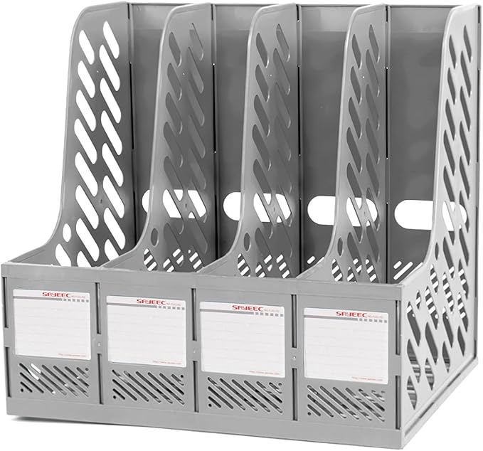 SAYEEC Magazine File Holder, Plastic Desktop File Folder Organizer with 4 Large Compartments, Vertical Desk Binder Organizer Office Organization and Storage File Holder for Desk, School, Home (Grey) by SAYEEC