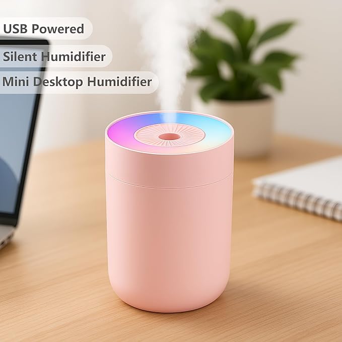 230ML Humidifier for Bedroom, Air Humidifier for Home, Plant Humidifiers Indoor Small with LED Colorful Gradient Light, USB Powered for Desk, Car, Travel, Hotel Room (Pink) - Image 2