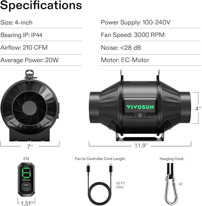 VIVOSUN T4 4" Inline Fan &Speed Controller, AeroZesh Ventilation Fan with 210 CFM EC Motor for Moisture Prevention during Snowstorm, Ideal for Winter Ventilation, Maintain Airflow During Snowy Day - Image 9