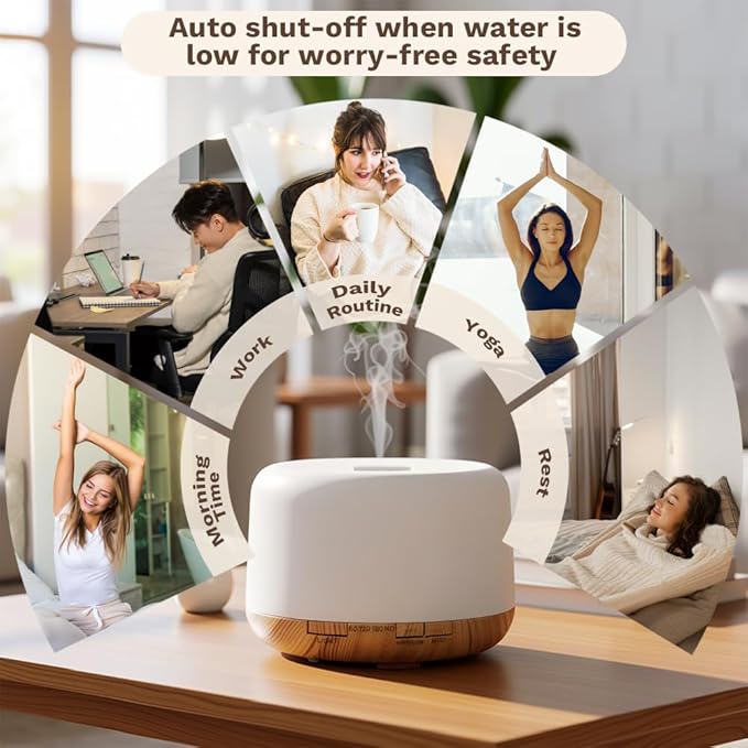 500ml Premium Essential Oil Diffuser,Quiet 4-in-1 Ultrasonic Aromatherapy Humidifier,7 Color LED Lights,with Adjustable Automatic Timer Off Function and Spray Mode. (Light Woodgrain,Classic Model) - Image 4