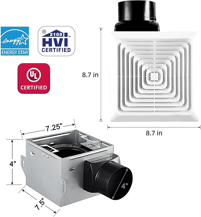 Bathroom Exhaust Fan 80CFM 1.5Sone, 4inch duct, Energy-Saving Household Ventilation Fan with Humidity sensor, No Attic access Needed Installation, Classic White Grille - Image 2