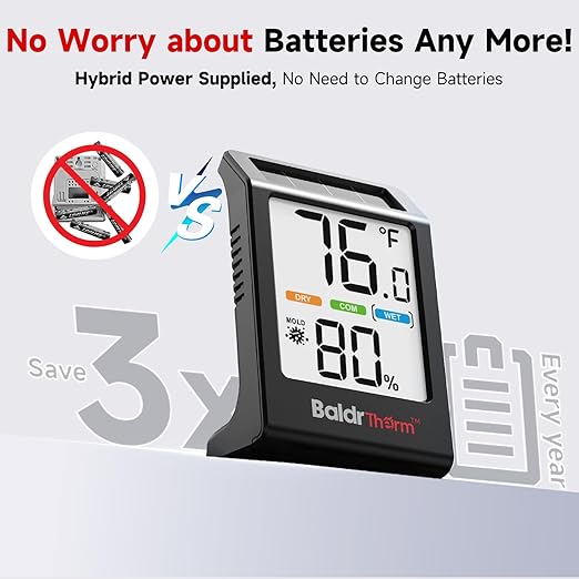BaldrTherm Room Thermometer Indoor Humidity Meter, Solar-Powered 3.2'' Digital Temperature Sensor Monitor with 5-Comfort Indicator for Baby, Home, Office, Black, 1Pack - Image 4